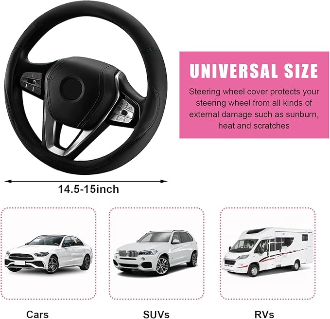 Car Steering Wheel Cover, Universal 15" Anti-Slip Auto Steering Wheel Protector for Men Women, Breathable Odor Free Leather Steering Wheel Car Accessories Fit Most Vehicles (Black)