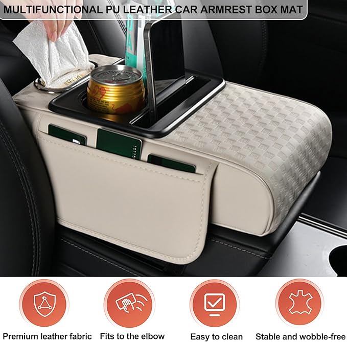 Center Console Cover,Car Armrest Cushion Multifunctional with 2 Storage Bags Cup Holder,Phone Slot,Tissue Box Slot for Most Cars Accessories Interior Organizers-Black+Red 13.8x7.9 in