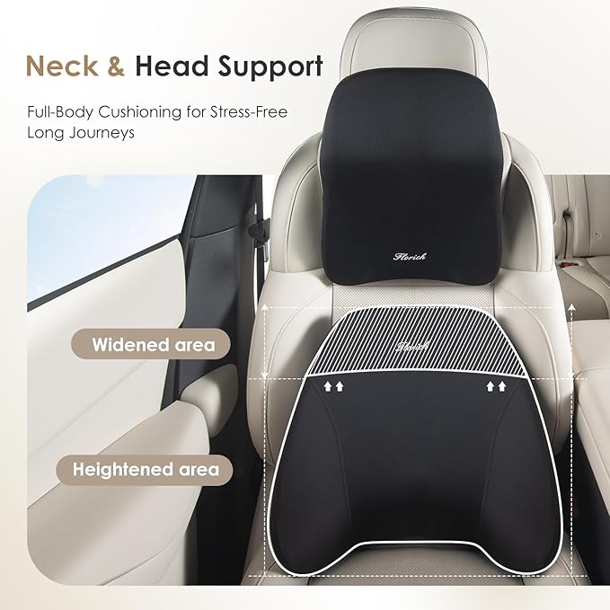 FLORICH Car Neck Pillow and Lumbar Support, Lumbar Support and Headrest Pillow for Car Seat Driver, Memory Foam Back Neck Support Pillow and Car Seat Back Support for Car Office Chair - Black