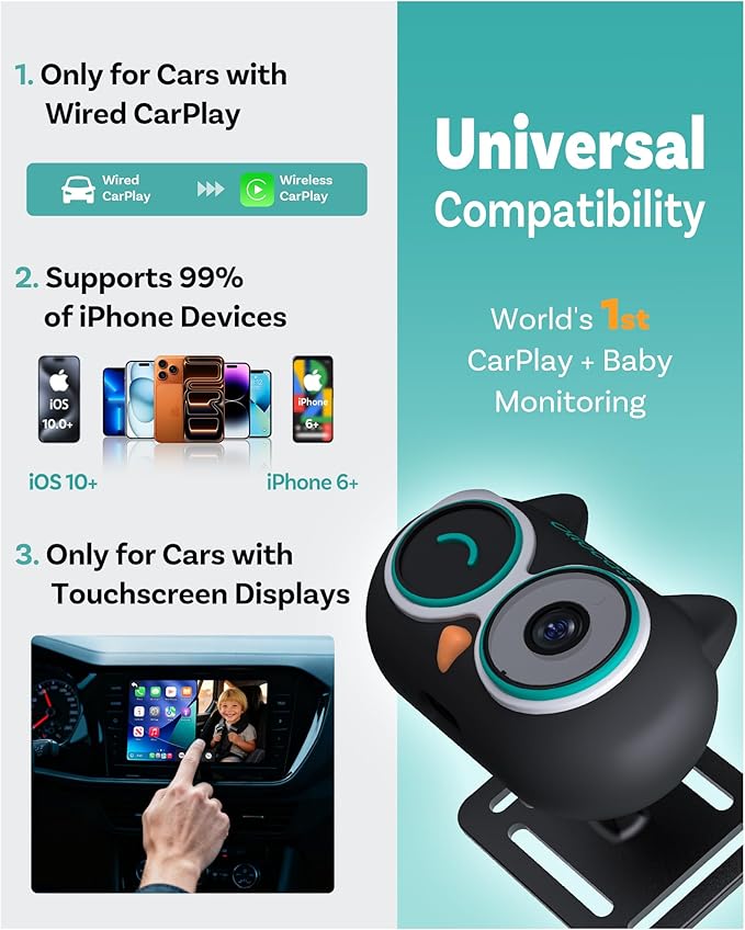 OTTOCAST Cabin Care Adapter 2026,2-in-1 Baby Car Camera & Wireless CarPlay Adapter-No Extra Screen Needed,1080P Car Baby Monitor for No-Glow Night Vision,150°Wide Angle,Plug&Play(No Android Support)