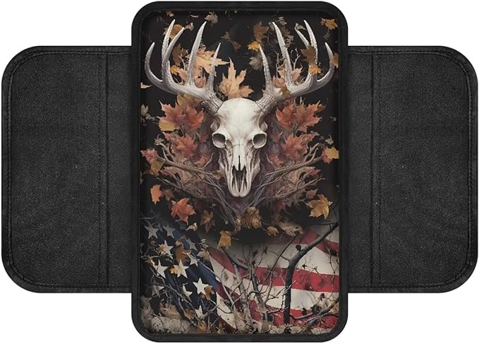 Deer US Flag Leaf Pattern Car Center Console Cover with Side Pockets Non-Slip Vehicle Armrest Cover Pad Comfortable Car Armrest Storage Box Mat Universal Fit for Cars Sedan Truck SUV