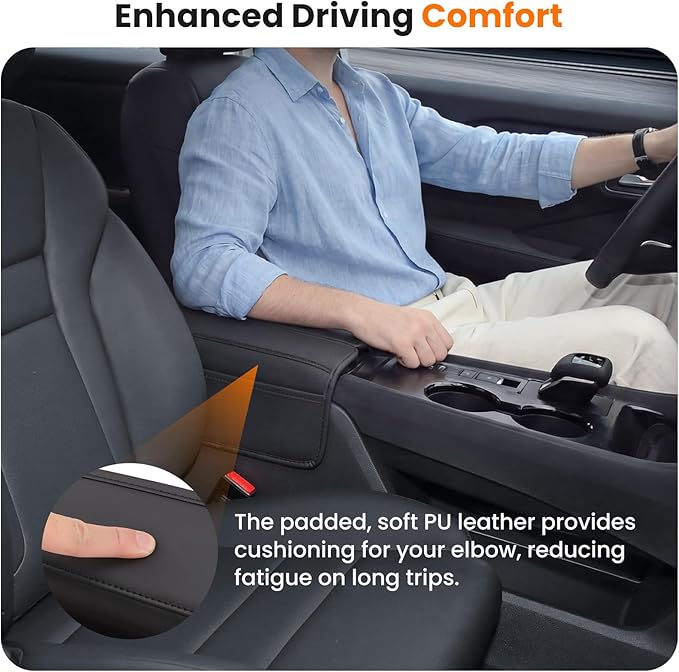 Center Console Armrest Cover for Nissan Rogue 2021-2026, Middle Console Pad Lid Cover Protector Elbow Arm Rest with Side Pockets, Rogue Interior Accessories, PU Leather (Black Stitches)
