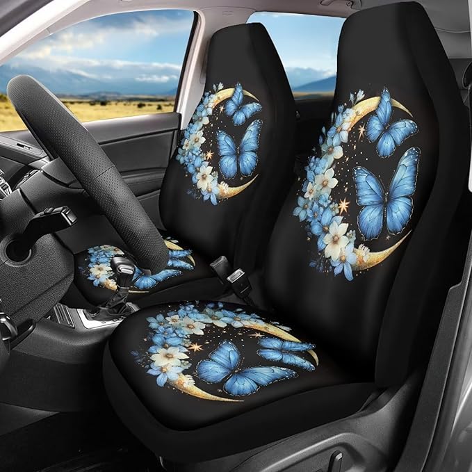 BIGCARJOB Moon Butterfly Car Seat Covers Set Universal Car Interior Seat Rugs 2 Pcs Auto Front Seat Protector Set for Women Butterfly Car Accessories Set