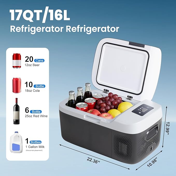 OLIXIS Portable Car Refrigerator, 17QT Single-Zone Electric Cooler for Vehicles, -4℉-68℉ Freezer Smart Control via Bluetooth with Car Battery Protection, Child Lock, 12/24V DC & 100-240V AC Powered