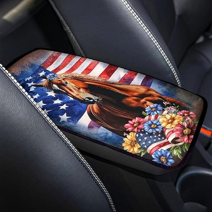 Suobstales Horse Daisy American Flag Print Car Armrest Pad Soft Center Console Arm Rest Protector Cover Universal Car Interior Accessories Decoration