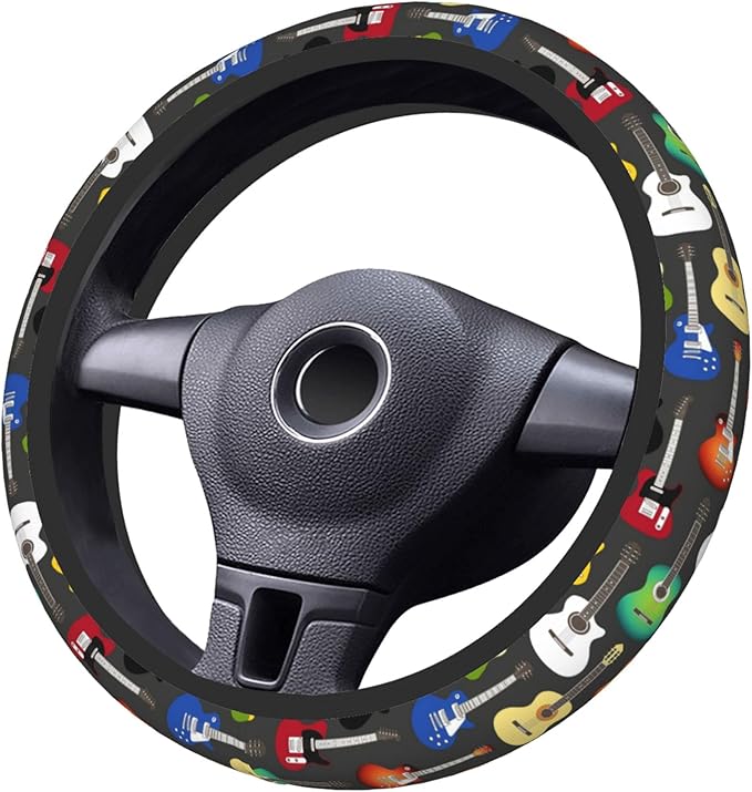 Musical Car Steering Wheel Cover for Women Acoustic Electric Guitars Men Stretch Cloth Anti-Slip Wrap Protector Case Fit Universal Auto Accessories Decor Sweat Absorption 14-15 Inch