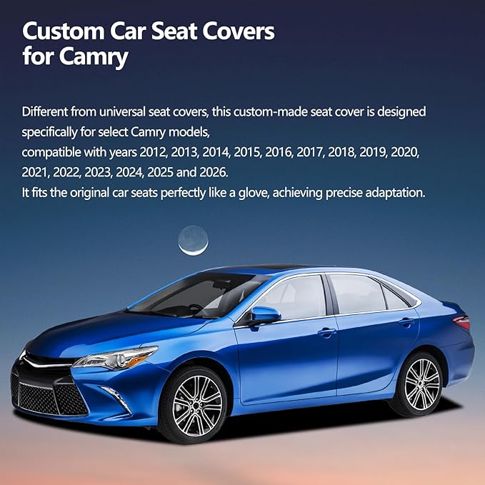 Fit Camry Car Seat Covers for Toyota Camry 2012-2024 2025 2026 - Upgraded Premium Waterproof & Breathable Leather, Airbag Compatible, All-Weather Seat Cushion Protector (Full Set, Black)