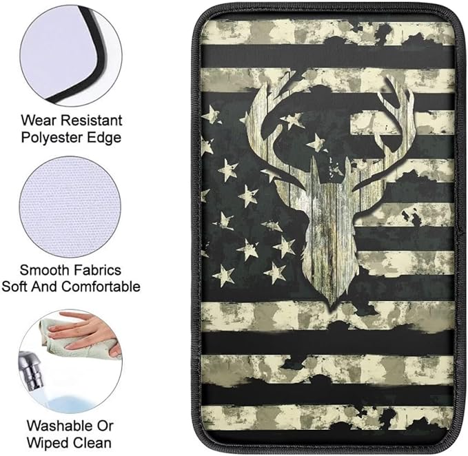 Green Camo Hunting Deer Flag Print Center Console Cover for Men Car Armrest Cover Pad for SUV Sedan Truck,Easy to Install