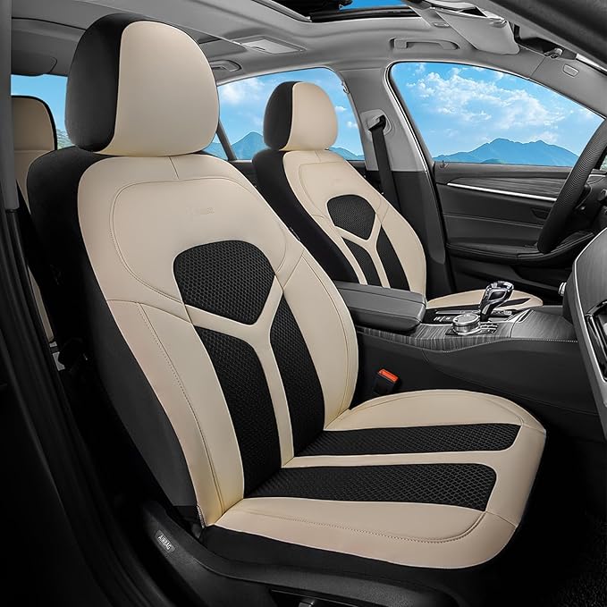 FLORICH Car Seat Covers Full Set, Universal Seat Cover 5 Seats, Automotive Seat Covers with Mesh Leather, Waterproof Car Seat Protector, Breathable Car Seat Cushion for Most Car SUV Truck, Beige