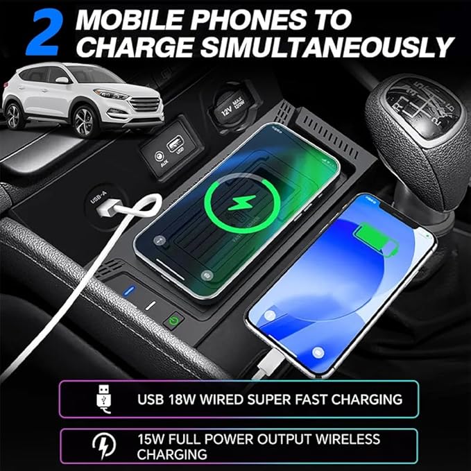 Wireless Car Charger for Hyundai Tucson 2015 2016 2017 2018, Wireless Fast Phone Charging Pad with 18W QC3.0 USB, Fit for Hyundai Tucson SE/Eco/Sport/Limited Interior Accessories Upgrades