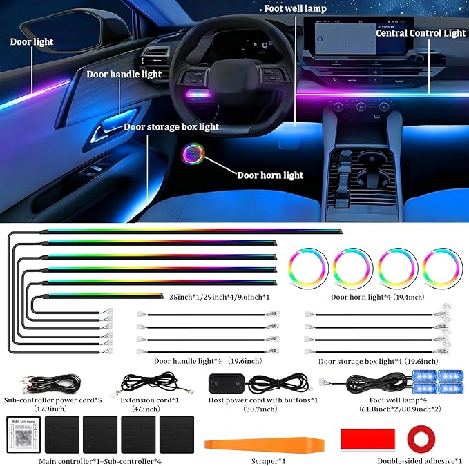 Acrylic Interior Car LED Strip Light,RGB 22 in 1 Neon Ambient Lighting Kits,Car Ambient Lighting with APP Control,LED Lights for Cars with Music Sync Dynamic Dreamcolor