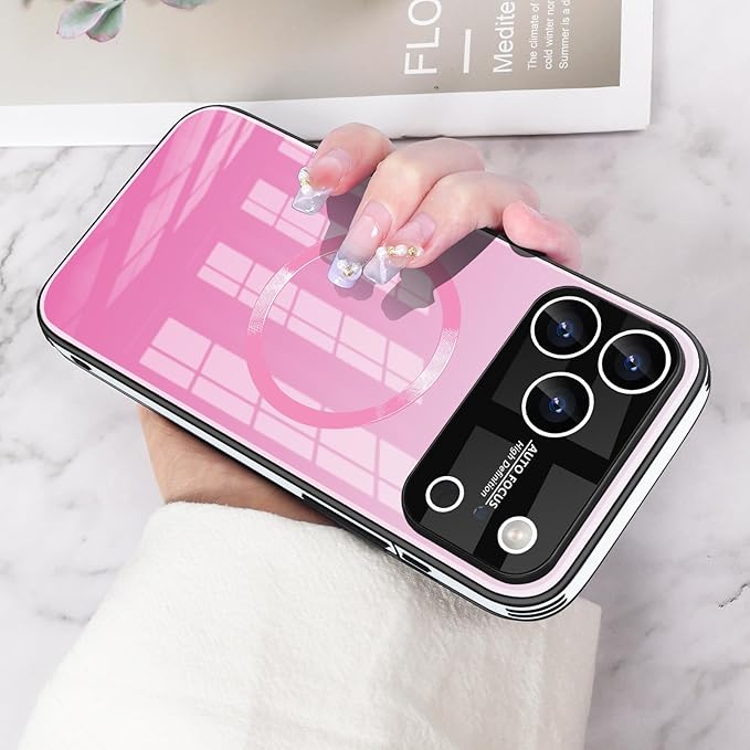 Guppy Compatible with iPhone 17 Pro Max Magnetic Case, with Full Camera Lens Protector [Compatible with MagSafe] Scratch Resistant Gradient Glass Back Cover Phone Case-Pink