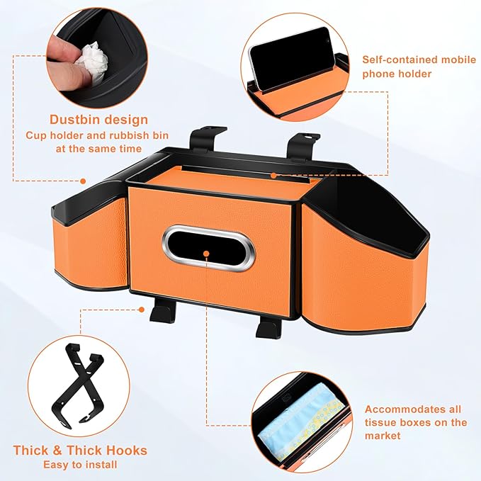 7-In-1 Car Seat Back Organizer with Cup Holders, Tissue Box, Garbage Can&Hooks, Multifunctional Headrest Storage Organizer, Headrest Cup Holder for Backseat, Car Accessories for Trips, Travels(Orange)