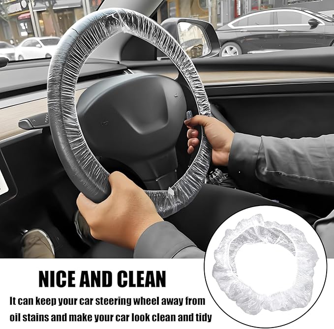 100PCS Disposable Steering Wheel Cover, Plastic Transparent Car Steering Wheel Covers with Elastic Trims, Universal Steering Wheel Protector, Interior Car Accessories