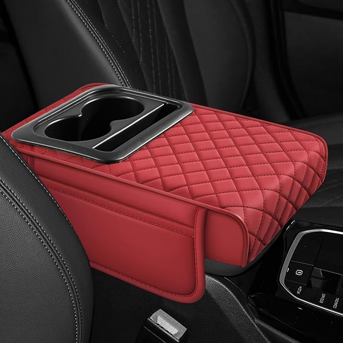 Hovom Car Center Console Cover, 13.39"×7.87"×2.76" Leather Armrest Cover for Cars, Memory Foam Armrest Pillow with Pocket, Cup Holder & Phone Slot, Universal Vehicle Arm Rest Cushion Pad (Red)