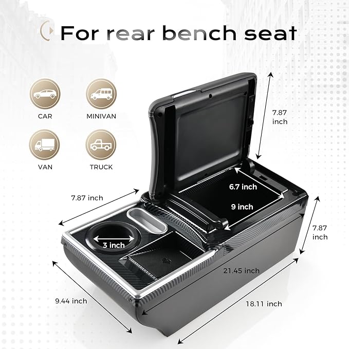 Coverado Center Console, Universal Bench Seat Center Console, Truck Back Seat Car Organizer with Cup Holder, Rear Central Car Armrest Box with Storage, Gray