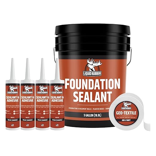 Liquid Rubber Basement and Foundation Repair Sealant - Waterproof Concrete Sealer & Crack Filler - Flexible Coating for Indoor & Outdoor Use - 5 Gallon Sealer, 10.2 oz Caulk 4 Pack, Geo Textile 4"x160