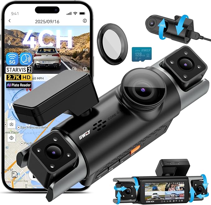 IIWEY 4 Channel Dash Cam 360° View, STARVIS 2 Front 2.7K Rear 2K Inside 1080P x2, 8IR LEDs Night Vision 3.0, PlateTag AI for Plate Clarity, 5GHz WiFi GPS, Voice Control, 24/7 Parking Mode, 128GB Card