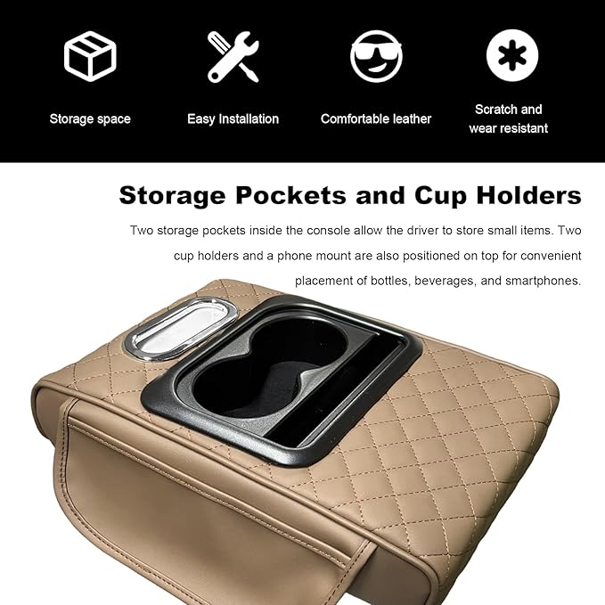 Car Center Console Armrest Pillow, Multifunctional Armrest Box Cover with Cup Phone Tissue Holder & Side Pockets, Waterproof Leather Middle Console Cushion for Most Vehicles (Beige, Embroidered)