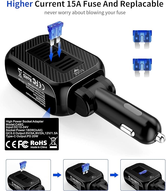 SUPERONE 180W Cigarette Lighter Splitter with 20W PD, 2-Socket Cigarette Lighter Adapter, Fast USB C Car Charger with Type-C 20W PD & QC 3.0 for Dash Cam, GPS, iPad/Laptop/iPhone 17/16/15/14/Samsung