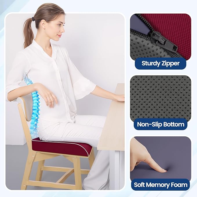Seat Cushion for Tailbone Pain Relief, Office Chair Cushion, Memory Foam Large Chair Cushion with Non-Slip Cover for Soft Support at Office Chair, Car Seat, Airplane Red/X-Large