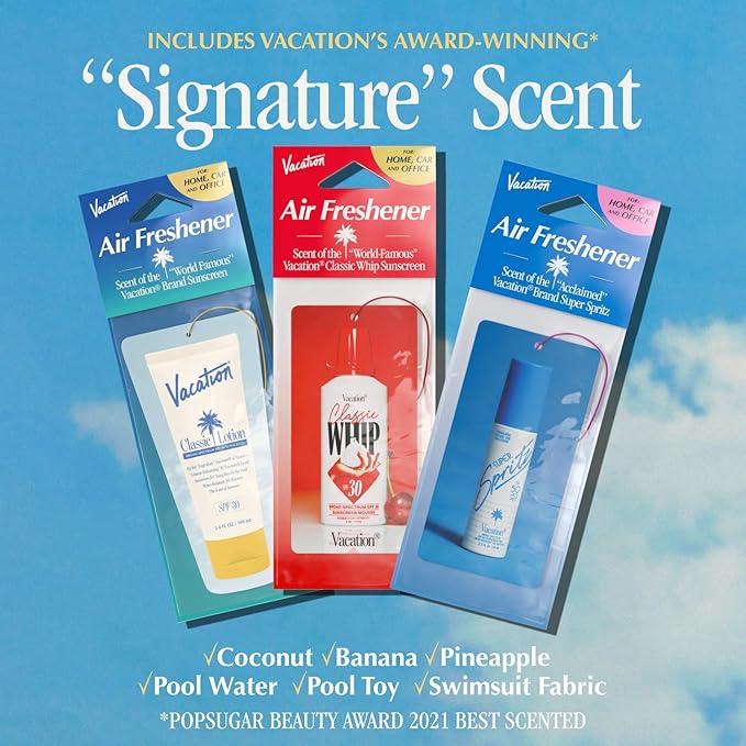 Vacation Air Freshener Variety Pack, 6 Exclusive Summer Scents, Includes Classic Lotion, Chardonnay Oil, After Sun Gel, Classic Whip, Super Spritz & Baby Oil Scents, Deodorizer for Car, Home & Office