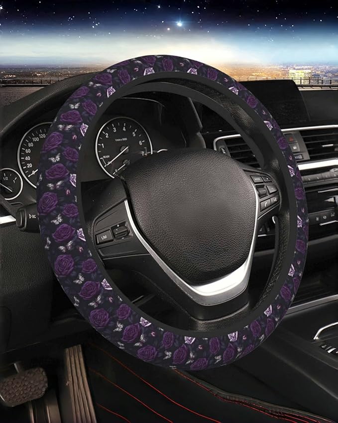 Steering Wheel Cover Accessories Neoprene Cover, Breathable Non-Slip Easy to Install Suitable for Women Men, 14.5-15.5 Inch for Car SUV Van Truck Universal - Purple Rose