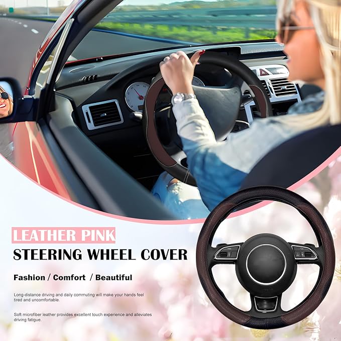 SuperKaKa Brown Car Steering Wheel Cover 2025, Universal Auto PU Cute Breathable Slip-Proof Comfort Imitation Leather Protector Cars Interior Accessories for Women Men Fit Most Vehicle
