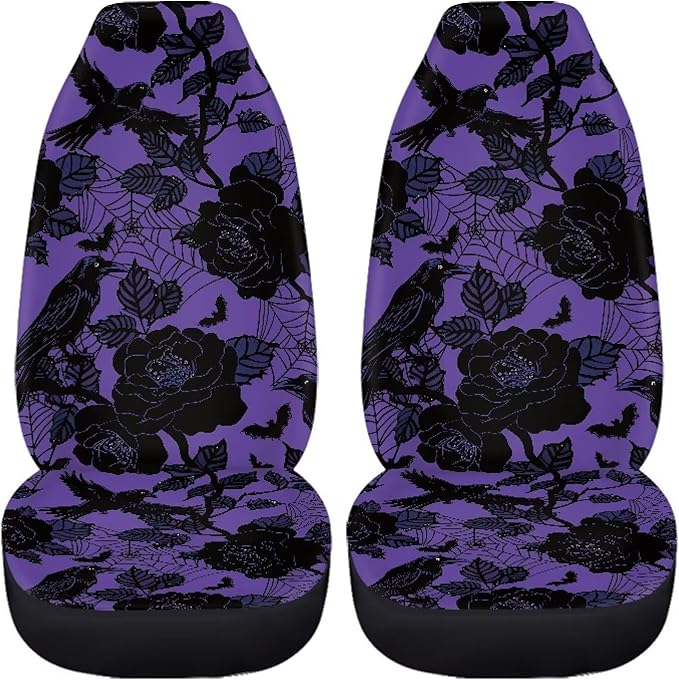 Halloween Crow Car Seat Covers Breathable Front Seat Cover Soft Anti-Slip Back Fabric Auto Interior Accessories All-Season Protection Universal Vehicle Accessories