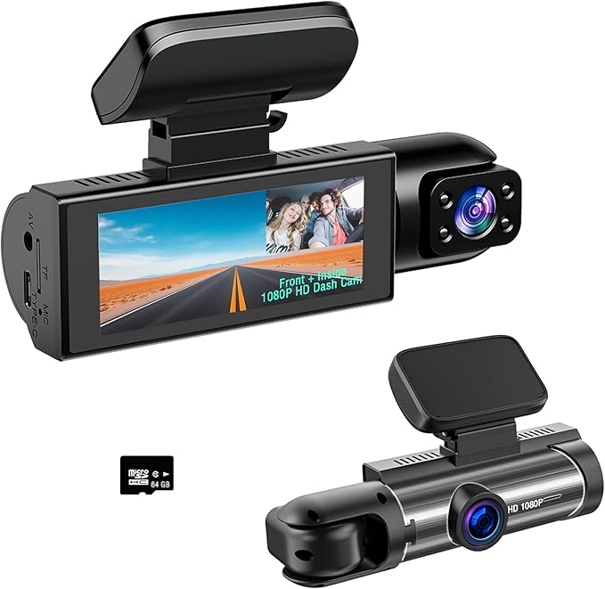 Dual Dash Cam Front and Rear with 64GB Card, 1080P HD IR Night Vision Dash Camera for Cars, G-Sensor Car Dashcam Cameras, 3.16”IPS Screen, 24/7 Parking Monitor, Loop Recording, 170° Wide Angle