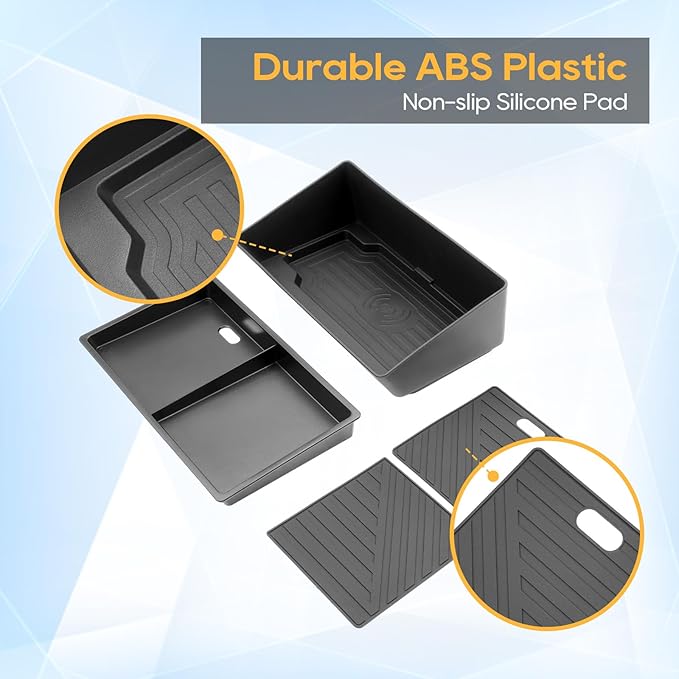 LFOTPP Center Console Organizer for 2025-2026 GMC Yukon (Elevation/AT4) 2PCS Armrest Storage Box Tray ABS Materials& TPE Wirless Mats Storage Box- Only Compatible with Console Without Cover