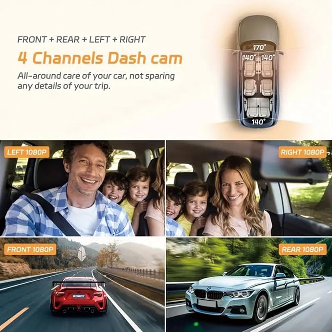 360 Degree View 4 Channel Dash Cam Front and Rear Inside Left Right, Dash Camera for Cars, 1080P Full HD 170 Deg Wide Angle Dashboard Camera with 64GB Card,G-Sensor,Loop Recording，Night Vision
