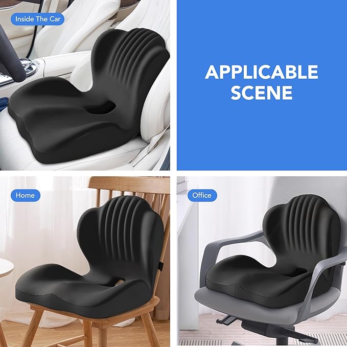 Ergonomic Waist Support and Seat Cushion, 2-in-1 Memory Foam Pad, Hollow Design for Coccyx, Suitable for Office Chairs, Car Safety Seats and Household Use - Relieves Lower Back and Hip Pain (Black)