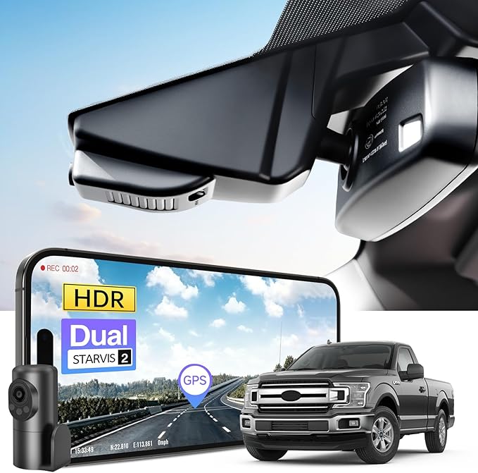 mangoal 4K Front & 2K Rear 2 Channel HDR Dash Cam, Dual STARVIS 2 IMX678 IMX675, Custom Fit for Ford F150 2015-2020 F250/F350 Super Duty 2017-2019(Model C), 5GHz WiFi, GPS, 128GB Card