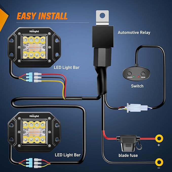 Nilight 2PCS 42W Light Pods Flush Mount Spot Flood Amber White Strobe 6 Modes Memory Function for Fog&Snow Off-Road Truck Car ATV JEEP Cabin Boat with 16AWG Wiring Harness Kit-2 Leads