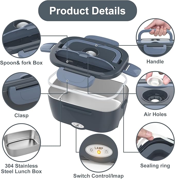 Electric Lunch Box Food Heater, 3 in 1 Ultra Quick Heated Lunch Boxes for Adults, 12V/24V/110V Portable Food Warmer for Car/Truck/Office With Fork Spoon and Insulated Carry Bag