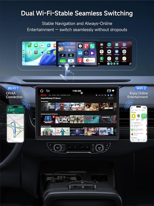 Magic AI Box Wireless CarPlay & Android Auto Adapter, Car Video Box for OEM Wired CP/AA, Dual WiFi & Bluetooth IoT Hub, Supports for Netflix/YouTube/TikTok/TF Card