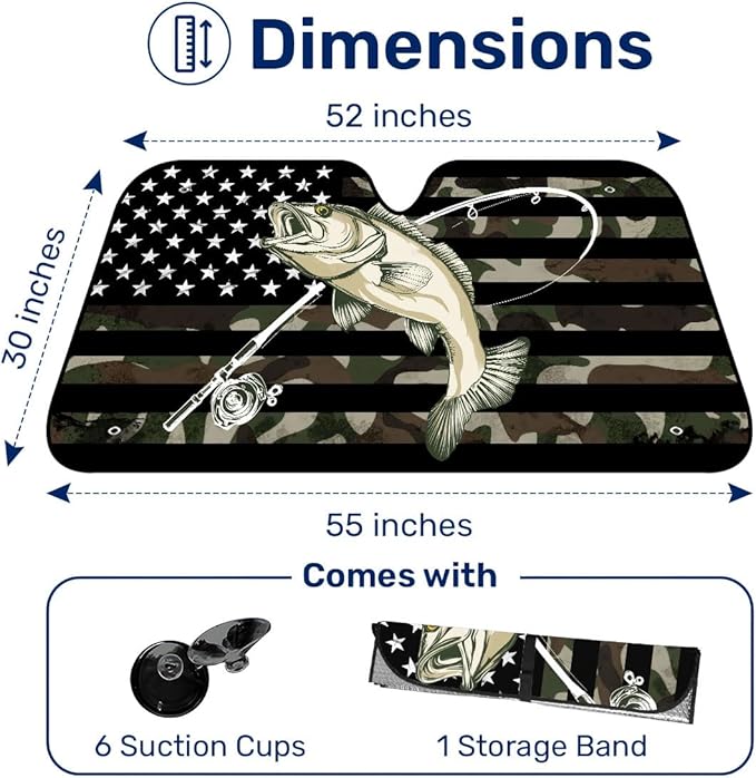 GENANY Fishing Flag Windshield Sun Shade for Car SUV Truck (55x30 Inches), Sun Shade Windshield, Shades for Windows, Protector Blocks UV, Car Decor