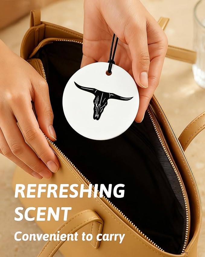 Western Round Car Air Freshener 4 Pcs, Preppy Cow Skull Cactus Cowgirls Boots Hanging Air Freshener for Cars Closet Drawer Books, Black and White Western Car Accessories Mirror Decor for Women