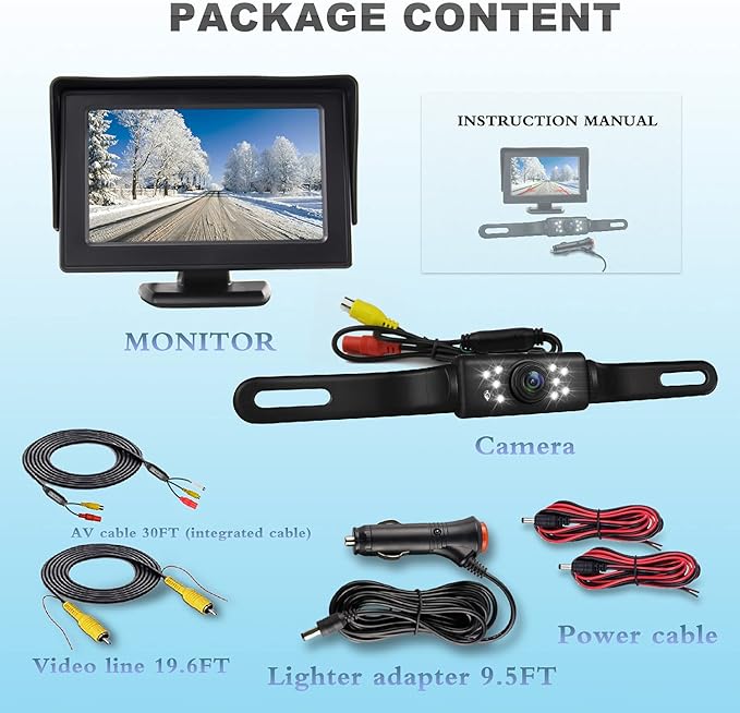 JPP HD Backup Camera and Monitor Kit - 4.3" IPS FHD Color Display, Waterproof Night Vision License Plate Reverse Camera for Car/RV/Truck/Pickup