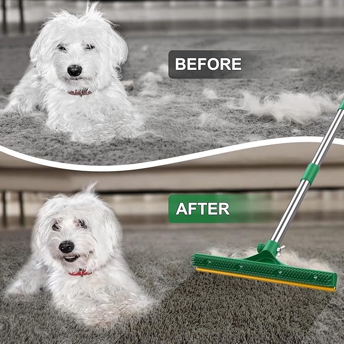 3 in 1 Carpet Rake for Pet Hair Removal, Reusable Pet Hair Remover Broom, 60'' Adjustable Long Handle Dog and Cat Hair Remover Tool Set of 3, Lint Remover Scraper for Carpets (Dark Green, 60inch)