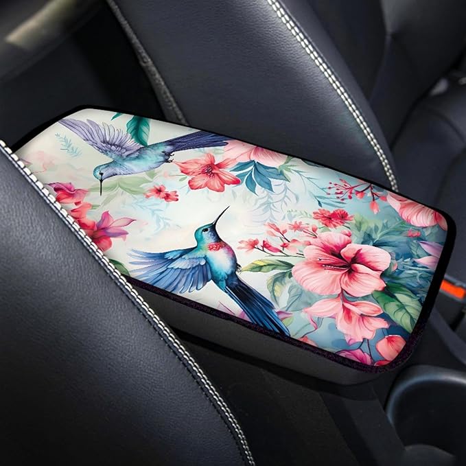UNICEU Car Decorative Armrest Cover Pad Spring Pink Flower Hummingbird Print Soft Neoprene Car Center Console Armrest Cover Universal