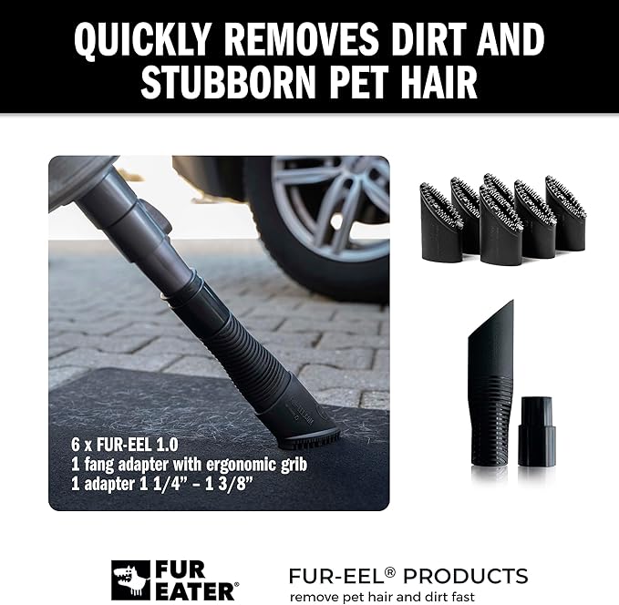 Pet Hair Removal Vacuum Attachment V1.0 for Car Detailing with 6 Replaceable Rubber Brush Heads, No Clog Airflow, Fits 1 1/4 and 1 3/8 in Hoses, 32mm 35mm