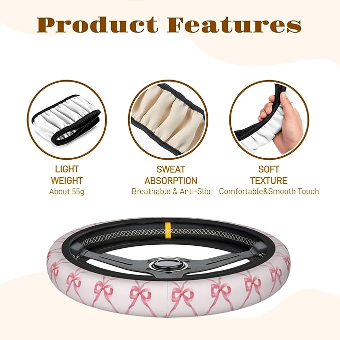 Steering Wheel Cover Accessories Neoprene Cover, Breathable Non-Slip Easy to Install Suitable for Women Men, 14.5-15.5 Inch for Car SUV Van Truck Universal - Pink Bow