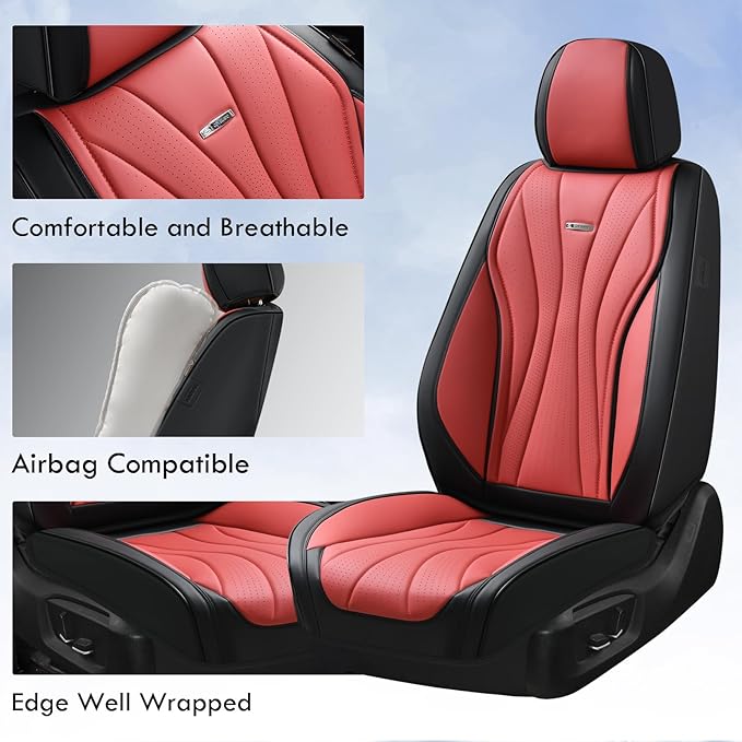 Coverado Car Seat Covers, Front Seat Cover for Cars, 2 Pack Premium Leather Seat Cover, Universal Seat Cover, Waterproof Car Seat Protector, Automotive Seat Cushion Fit for Most Vehicles (Black&Red)