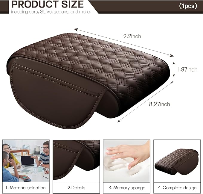 Car Armrest Cushion, 12.2"×8.3" Leather Auto Memory Foam Center Console Pad with Storage Pocket, Waterproof & Anti-Scratch Elbow Pillow Armrest Seat Box Protector, Universal Fit (Coffee)