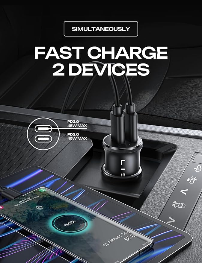 LISEN 90W USB C Car Charger USB C Fast Charge, 45W PD&QC 3.0 Fast Car Charger for Samsung S26 S25, Cigarette Lighter USB Charger Adapter for iPhone 17 16 15 Pro Max [Metal&Mini] RV Car Electronics