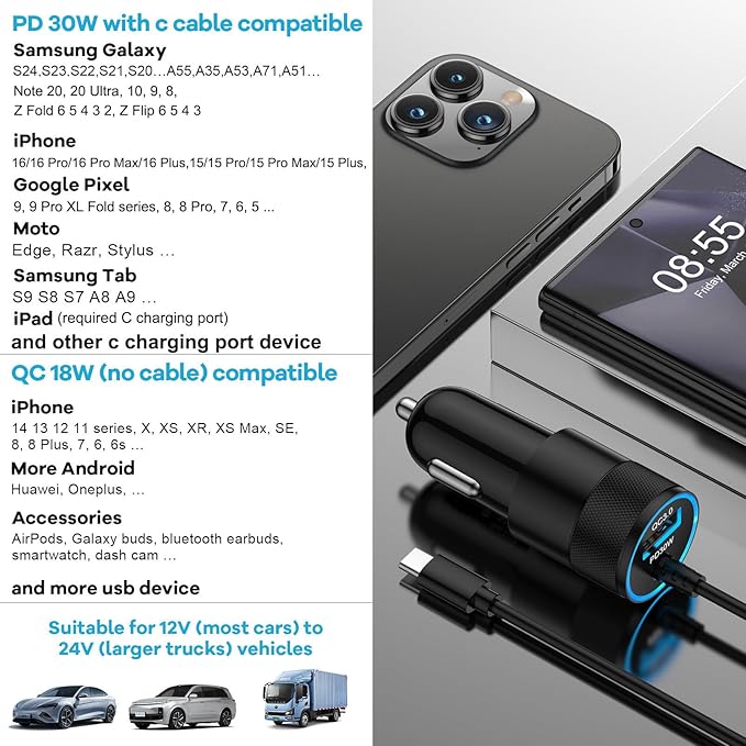 Pixel Fast Car Charger Adapter for Google Pixel 10, 10a, 9a, 9, 10 9 Pro XL Fold, 8 7 6 Pro 5 4 3 2 XL 8a 7a 6a, USB C Vehicle Phone Auto Automobile Plug with Type C 3.1 Ft Cable Cord Charging