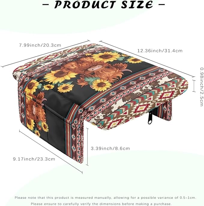 Wanyint Aztec Highland Cow Sunflower Center Console Cover Non-Slip Armrest Box Pad with 4 Storage Bags Comfortable Arm Rest Pad Middle Console Cushion Protector Auto Interior Accessories