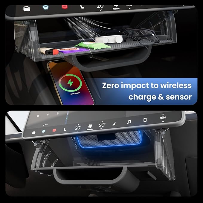 for Tesla Model Y Juniper Under Screen Storage Organizer 2025-2026/Model 3 Highland 2024-2026, Hideable Center Console Organizer Tray for Tesla Model Y Juniper Accessories, Black